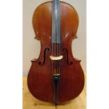 A GERMAN CELLO the two-piece back 76cm long, unlabelled, in a hard case; together with two bows.