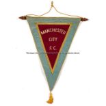 Official Manchester City FC pennant for the Tour of USA and Canada in 1968, sky blue & maroon