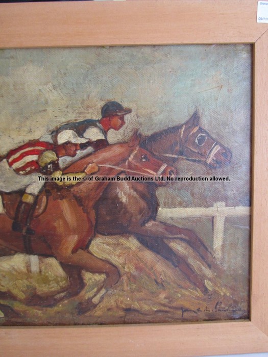 Oil painting of a horse race, signed indistinctly lower right, oil on board, Flat race featuring - Image 9 of 14