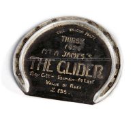 Racing plate worn by The Glider winner of 1924 Falcon Plate at Thirsk, mounted on a tinplate sheet