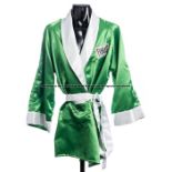 Joe Frazier signed World Heavyweight Champion boxing robe, the green and white silk Everlast robe