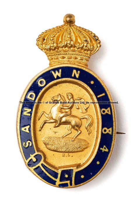 Sandown Park gilt-metal & enamel member's race badge for 1884, a lady's pass, numbered 2126,