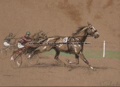 Eugene Pechaubes (French, 1890-1967), HARNESS RACING signed lower right, charcoal, pastel and