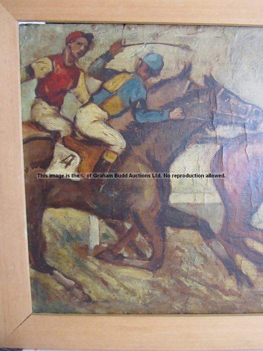 Oil painting of a horse race, signed indistinctly lower right, oil on board, Flat race featuring - Image 6 of 14