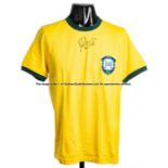 Pele signed Brazil yellow and green replica jersey, short sleeved with CBD crest, signed in black