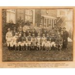 Sepia team photograph of leading jockeys, circa 1920s, group study of 31 jockeys, lined up in