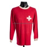 Karl Odermatt red Switzerland No.10 jersey, late 1960s, long-sleeved with stitched white cross to