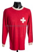 Karl Odermatt red Switzerland No.10 jersey, late 1960s, long-sleeved with stitched white cross to