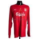 Steve Finnan signed red Liverpool No.3 jersey, Carling League Cup Final 2005, from the game