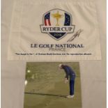 Tommy Fleetwood signed golf flag from the 2018 Ryder Cup at Le Golf National, France, signed by