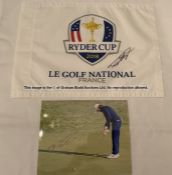 Tommy Fleetwood signed golf flag from the 2018 Ryder Cup at Le Golf National, France, signed by