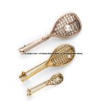 Three Victorian 9ct gold Tennis Racquet Brooches, circa 1890-1900, each with applied cultured