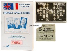Programme and single card issue for 1949 France v England friendly international at Stade Olympique,