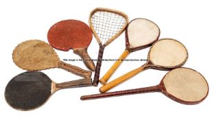 Box of early Ping Pong and Battledore bats, comprising large quantity of velum wooden-handled