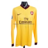 Per Mertesacker Arsenal FC yellow No.4 away jersey season 2010-11, match issue, long sleeved, team