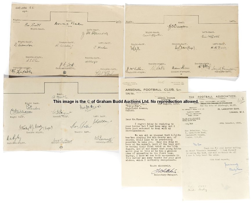 Correspondence from the F.A. & Arsenal FC, with signed team sheets, circa 1950s, comprising