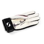 Gordon Banks signed goalkeeping glove, a black & white Sondico, signed to the palm in black marker