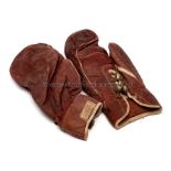 Homer Smith fight worn boxing gloves from his bout with Jack Sharkey, Boston,15th July 1924, brown