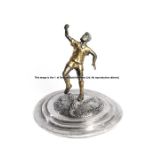 Bronze sculpture of Pele, with one fist raised in the classic post-goal celebratory pose, by Luis