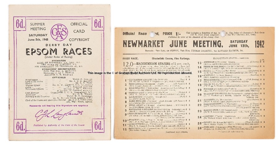 Two 1940s Derby Day racecards, for 1942 wartime race run at Newmarket and won by Watling Street (