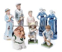 Five bisque tennis figurines, late 19th century and later, comprising boy and girl tennis players,