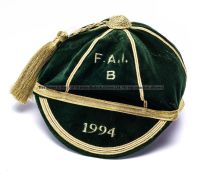 F.A.I Republic of Ireland B cap 1994 awarded to Jeff Kenna, bottle green velvet with gold braid