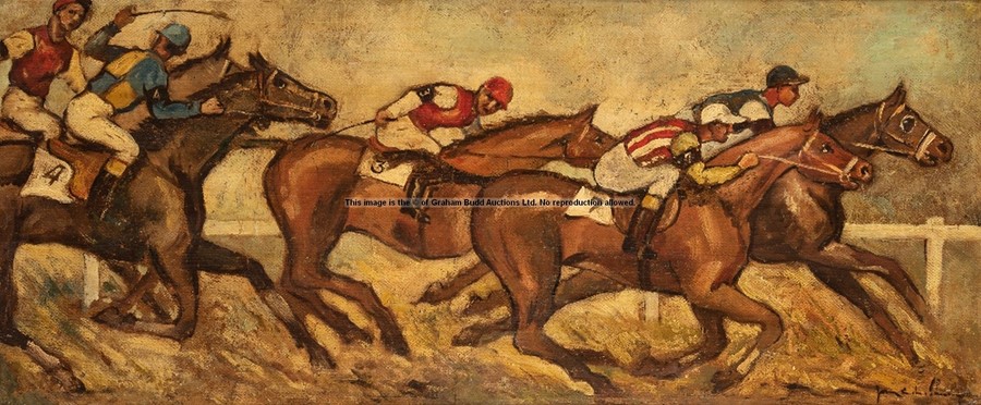Oil painting of a horse race, signed indistinctly lower right, oil on board, Flat race featuring