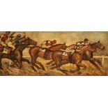 Oil painting of a horse race, signed indistinctly lower right, oil on board, Flat race featuring