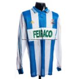 Manel blue & white striped Deportivo La Coruna No.17 jersey from the UEFA Cup 4th Round, 2nd Leg,