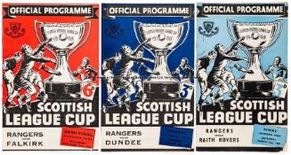 Thee Rangers Scottish League Cup match programmes, s/f's v Falkirk 11.10.47 & Dundee 20.11.48, and