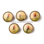 Five Edwardian waistcoat buttons depicting footballers, gilt-metal each set with a print showing a