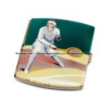 German enamelled cigarette case depicting a female tennis player, of rectangular hinged form, the