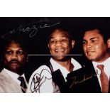 Boxing legends Ali, Foreman and Frazier signed photograph, colour 8 by 10in. press photograph of