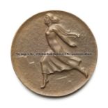 St Moritz 1948 Winter Olympic Games participation medal, Olympic rings over text, snowflakes