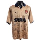 Tony Adams team-signed Arsenal FC gold No.6 away jersey season 2001-02, 17 signatures in black