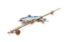 Angling interest: 9ct gold, silver and enamel brooch/tie pin, marked A&W (Alabaster and Sherwin),