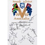 Autographed flag commemorating the 2002 South Africa v Australia cricket series, signed in black