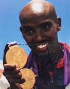 Mo Farah signed photograph, signed in black marker, in poor contrast to the photographic background,