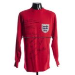 Signed England 1966 World Cup Final replica jersey, 10 signatures, signed after the passing of Bobby