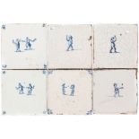 Six Dutch blue and white tiles depicting tennis, 17th century, the tennis players in blue,13cm.