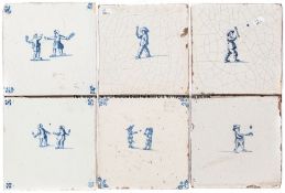 Six Dutch blue and white tiles depicting tennis, 17th century, the tennis players in blue,13cm.