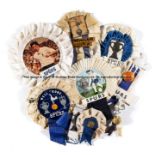 Vintage Tottenham Hotspur white & blue match rosettes, five rosettes applied with photographs,