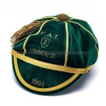 F.A.I Republic of Ireland Under-21 cap 1991 awarded to Jeff Kenna, green velvet with gold braid