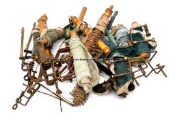 Box of early table tennis nets and posts, comprising metal and wooden posts with mesh and threaded