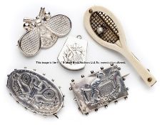 Five unusual tennis brooches and locket, a rare combined tennis and archery oval brooch; a silver