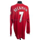 David Beckham signed Manchester United replica No.7 home jersey circa 2000-01, signed on the reverse