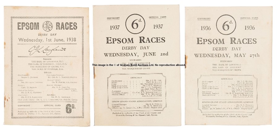 Three mid-1930s Epsom Derby Day racecards, all Dorling's, for 1936 (Mahmoud), 1937 (Mid-day Sun) and