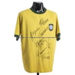 Signed 1970 Brazil yellow replica jersey, signed in black marker pen featuring Pele, Carlos Alberto,