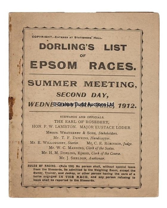 An early Epsom Derby Day racecard from 1912, printed by Dorling's List, the race won by Tagalie,