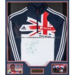 Christine Ohuruogu signed Great Britain athletics team tracksuit top, Aviva sponsorship, mounted